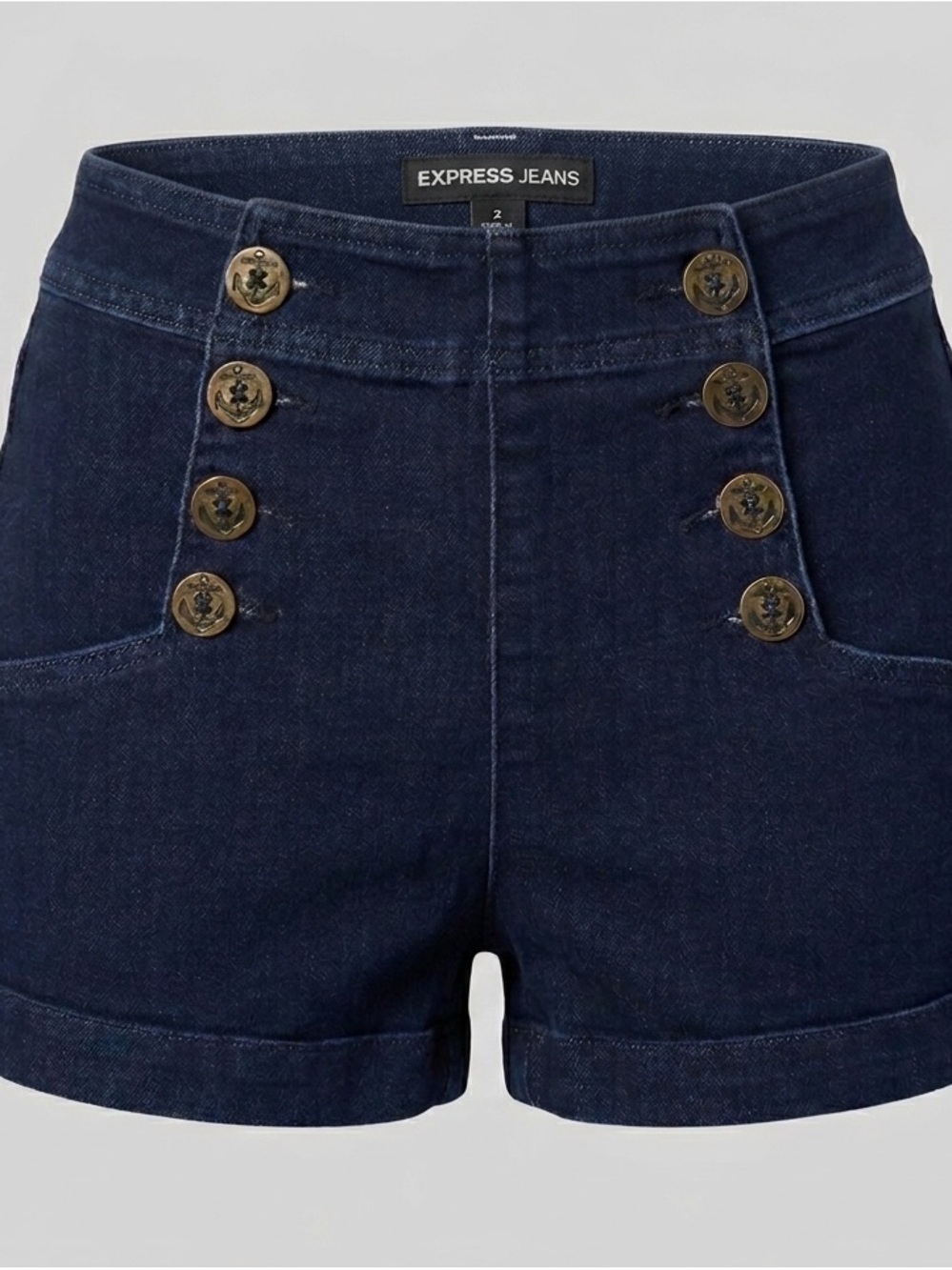 Express Jeans Sailor Shorts High Waisted Denim Blue Anchor Button Size 2